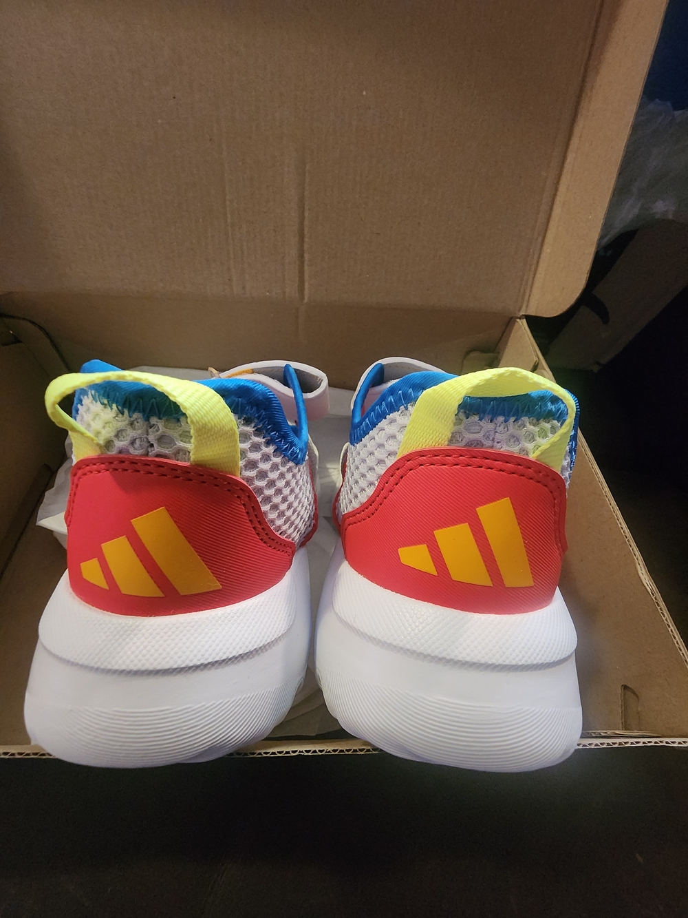 adidas Summerflex Kids White Mesh Sneakers with Blue Trim and Yellow Heel Sz. 1 - Picture 5 of 9